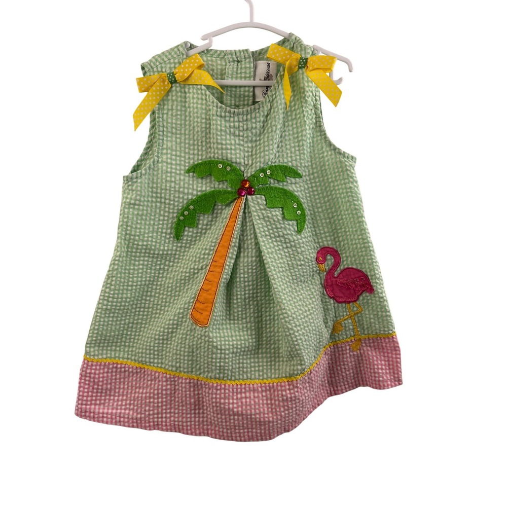 Anavini Gingham Seersucker Dress 5 Green Pink Bows Sleeveless Kids Girls